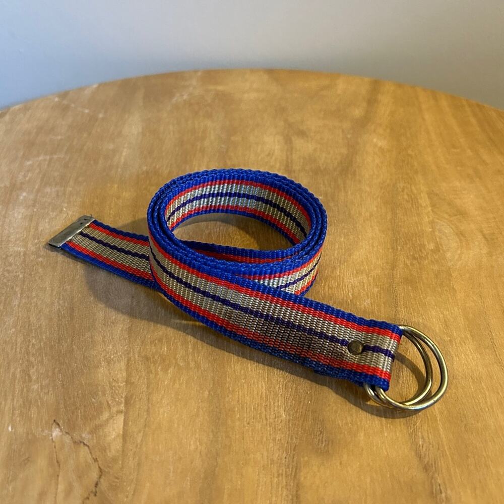 Vintage Kids Striped Blue/Red/Tan/Purple Woven Canvas D-Ring Buckle Belt 33x1"